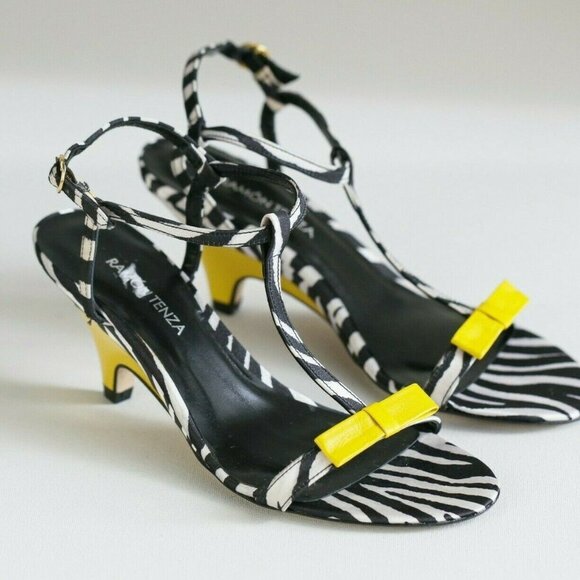 Ramón Tenza Zebra Print Yellow Bow T Strap Wedges - Picture 1 of 8